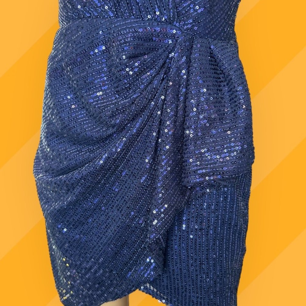 Double Crazy Blue Sequin Mini Dress Large L Lined Sleeveless Stretch V-Neck - Picture 9 of 16